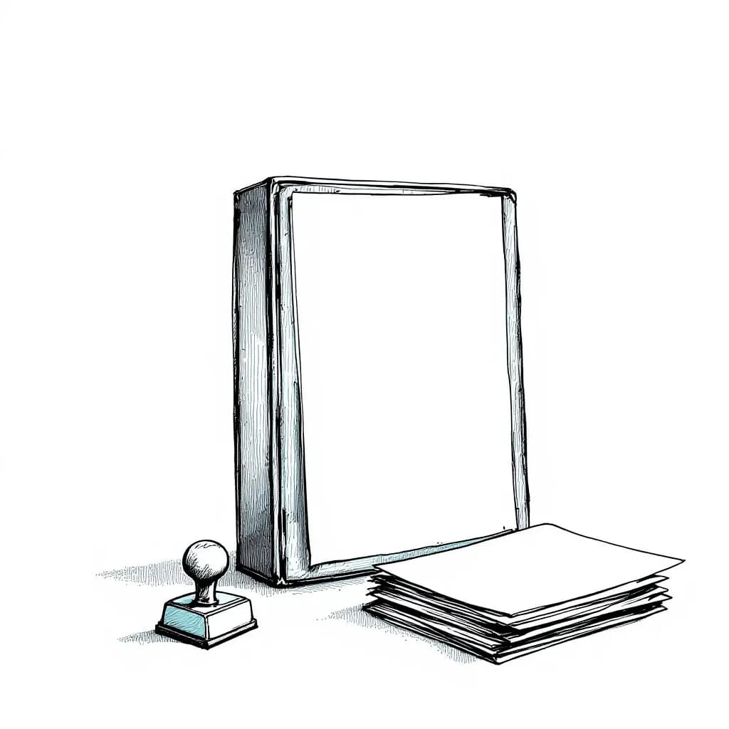 Ink drawing of a survey binder beside a stack of reports and a stamp