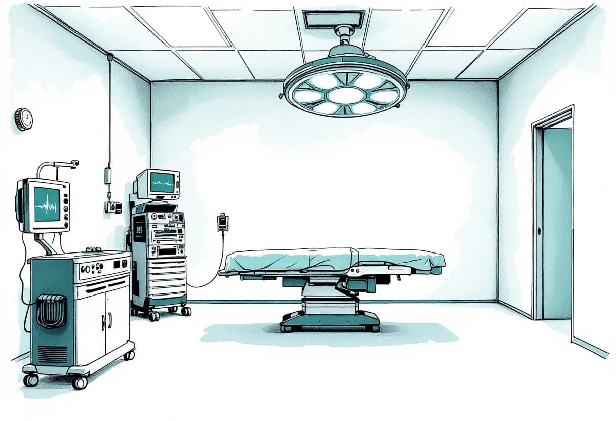 Ink drawing of an empty operating room with a surgical table under an overhead light