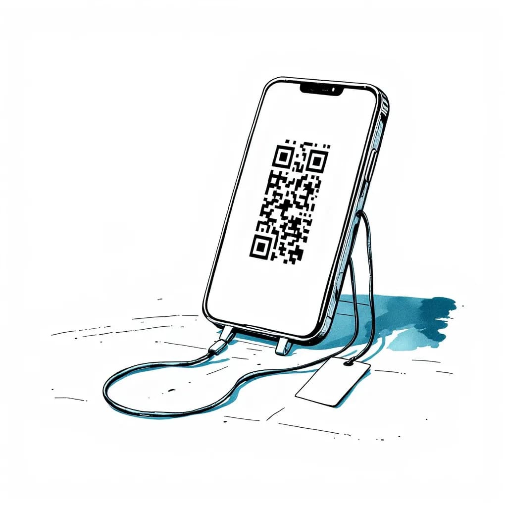 Ink drawing of a phone on a stand showing a QR code, badge lanyards beside it