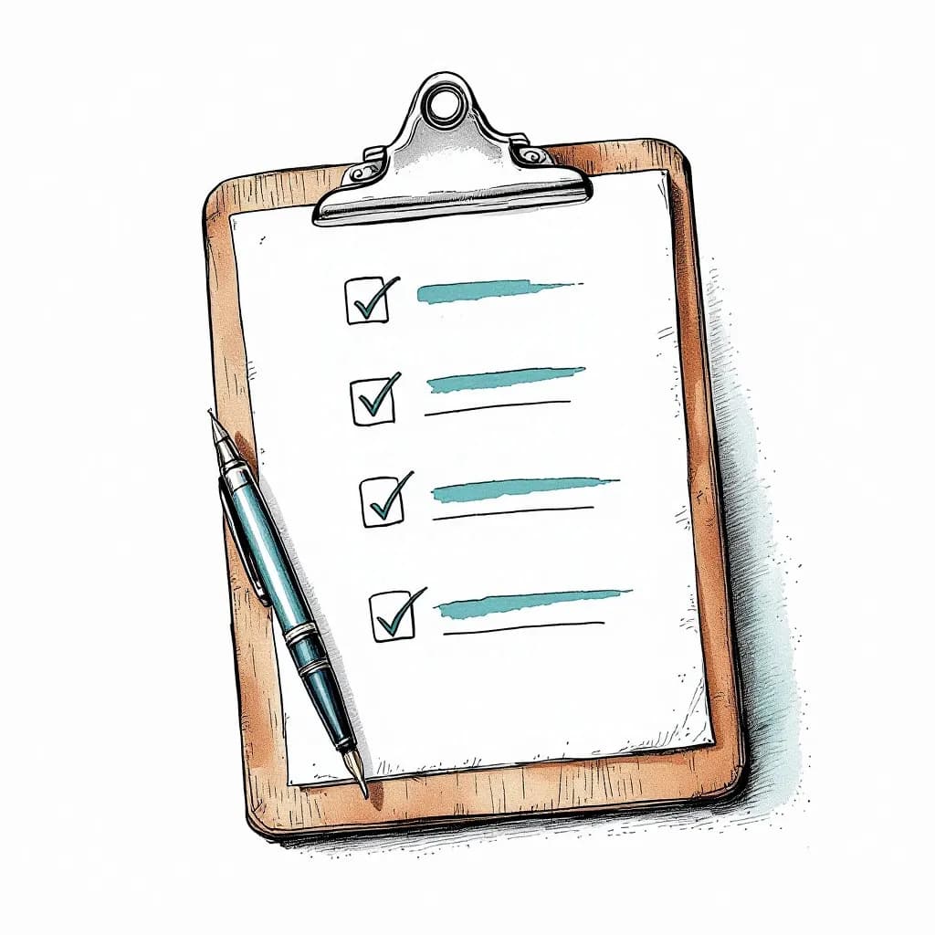 Ink drawing of a clipboard with checked items and a fountain pen