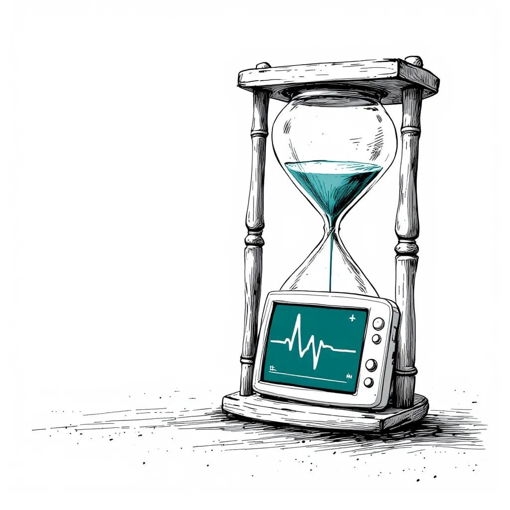 Ink drawing of an hourglass with teal sand beside a patient monitor