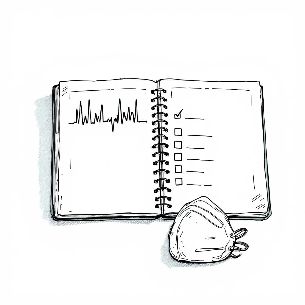 Ink drawing of an open drill manual with a vital-sign trace and checkboxes
